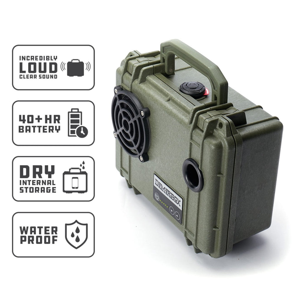 DemerBox Waterproof, Portable, and Rugged Outdoor Speakers. Loud Sound, 40+ hr Battery Life, Dry Box + USB Charging, Pairing Party Mode. Built to Last + Fully Serviceable, Green