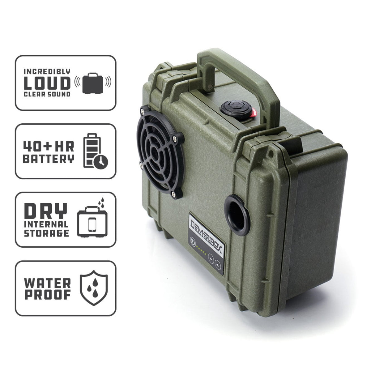 DemerBox Waterproof, Portable, and Rugged Outdoor Speakers. Loud Sound, 40+ hr Battery Life, Dry Box + USB Charging, Pairing Party Mode. Built to Last + Fully Serviceable, Green