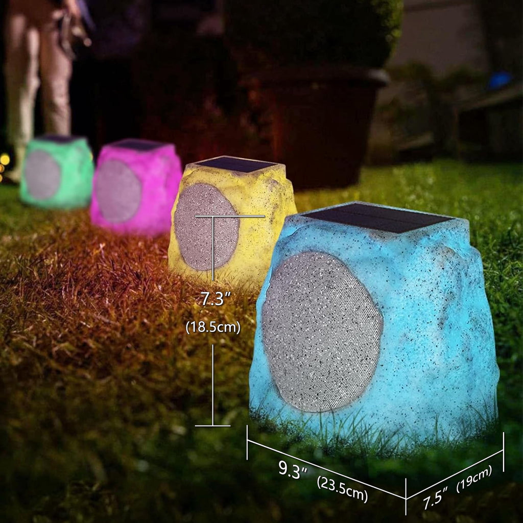 Postlucky 2-Pack Outdoor Solar Rock Speakers, Bluetooth, TWS Pairing, RGB LED Flashing, USB Charging, Waterproof, 8.1" Black