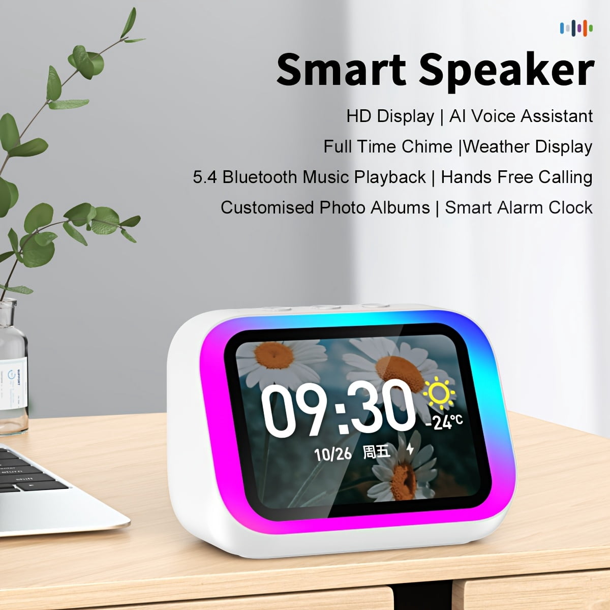 Smart Alarm Clock with Wireless Speaker, AI Voice Assistant, HD Display, RGB Light, Call Function, Stereo Sound, Period Tracker, 2000mAh Battery, Portable Bedside Digital Clock