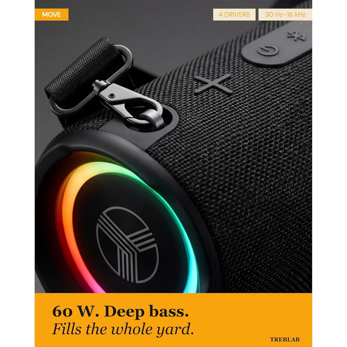 Treblab HD-Max Portable Bluetooth Speaker, 60W Loud Sound, IPX7 Waterproof, 20H Battery, Built-in Power Bank, Light Show