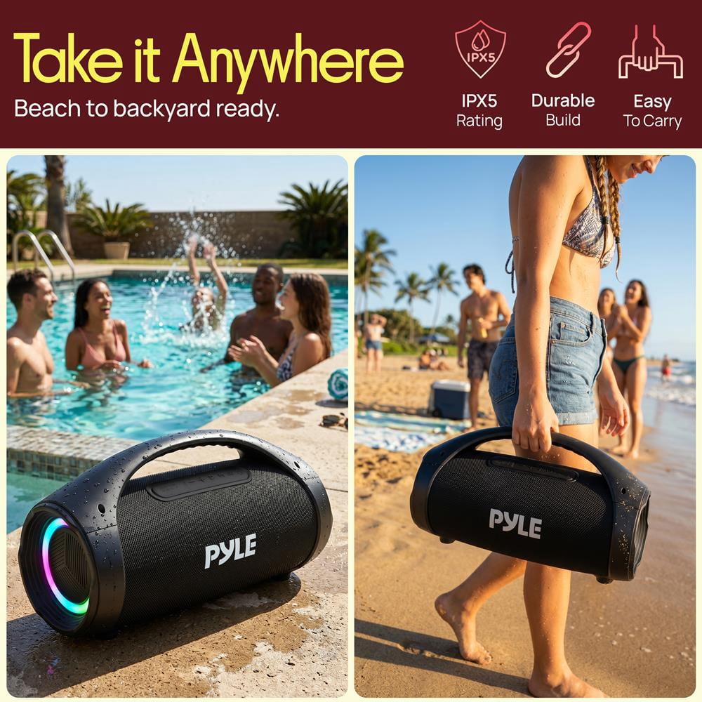 Pyle Portable Bluetooth Boombox Speaker, 100W Peak Power, 19-Hour Battery, FM Radio, USB Playback, AUX Input, TWS Pairing, LED Lights & Carry Handle