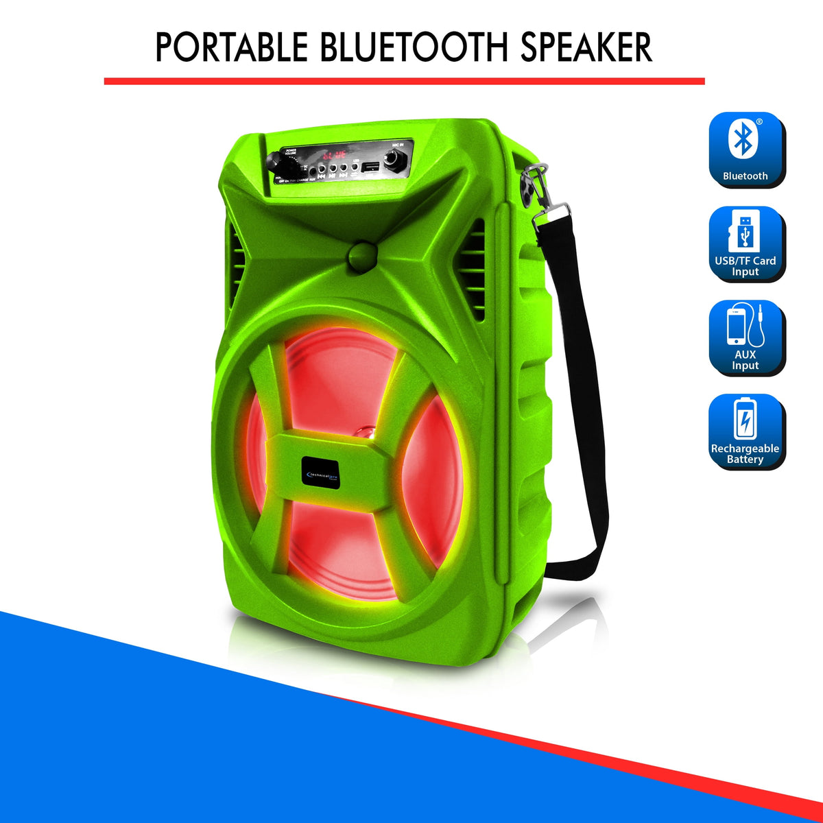 Technical Pro 8" Portable 500 Watts Bluetooth Speaker with Woofer and Tweeter, Festival PA LED Speaker, USB Card Input & True Wireless Stereo