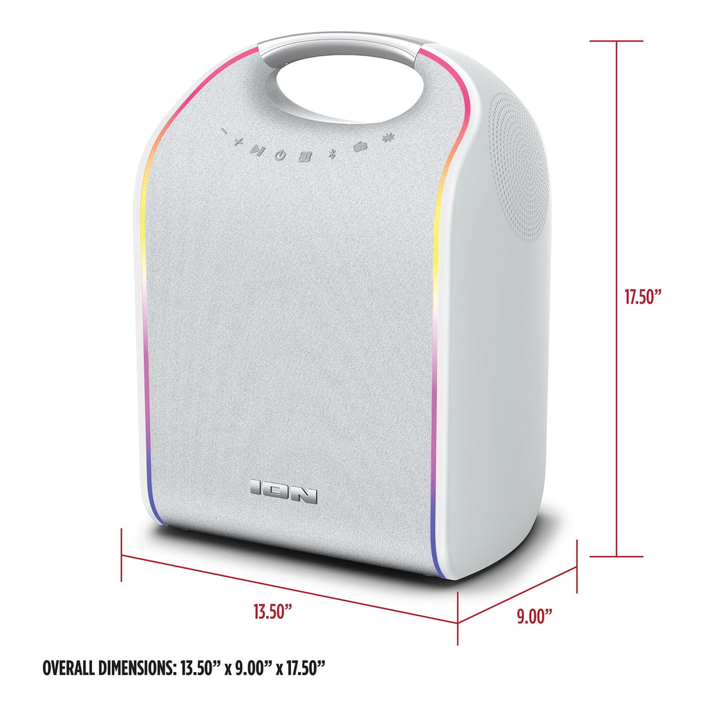 ION 40-Watt-RMS Stereo Glow Tone Portable Bluetooth Rechargeable Speaker with 8-In. Woofer, Lights, TWS, Aux and Mic Inputs, FM, Water-Resistant