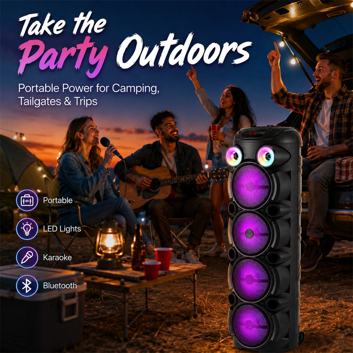 Lohoms Triple 8" Bluetooth Party Speaker, Portable Karaoke Machine & Outdoor PA Sound System with Powerful Stereo Sound, LED Lights, Wireless Mic, TWS Pairing, FM, USB, TF & AUX