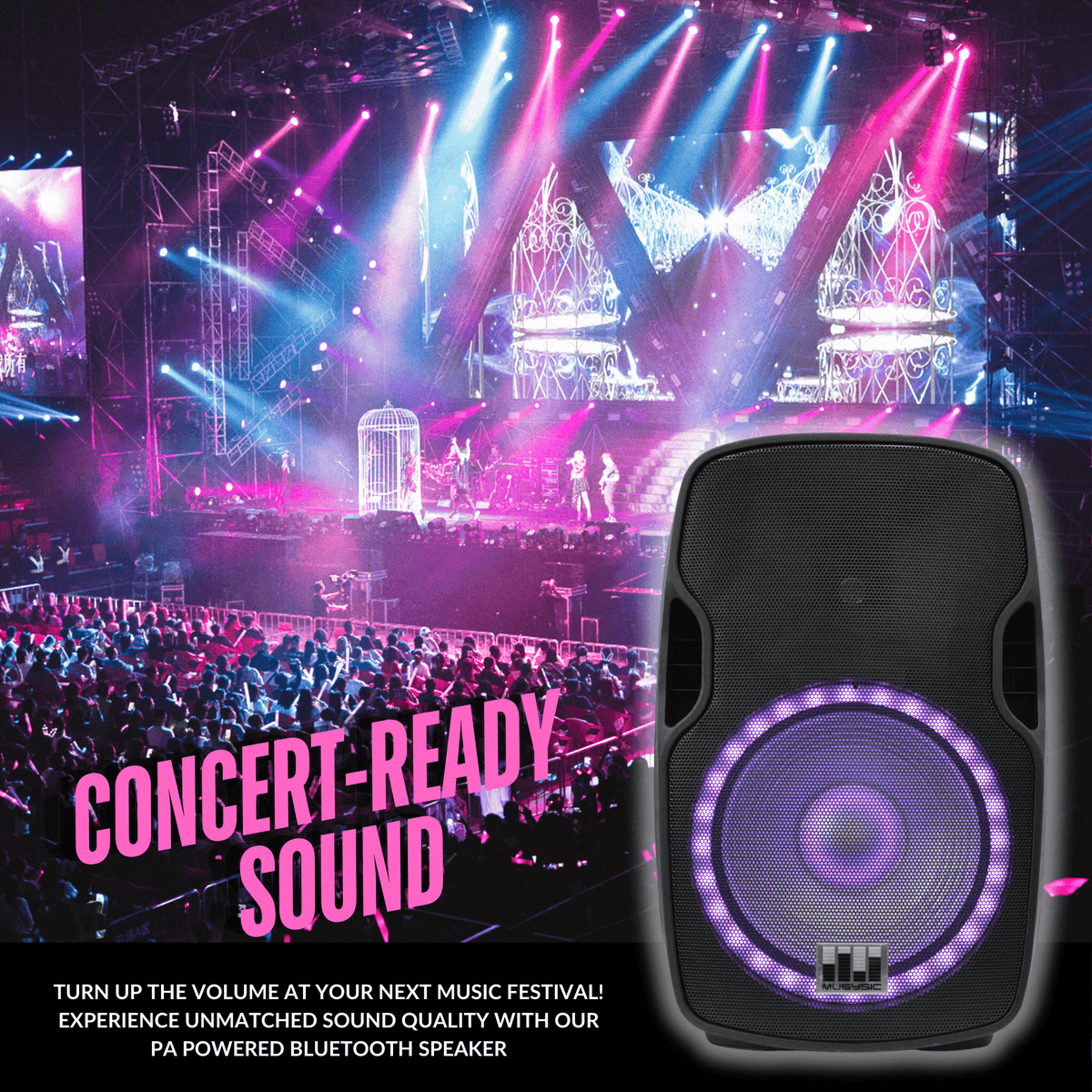 MUSYSIC MU‑15P3K Professional 15" Powered Speaker – 3000W Peak, Bluetooth, USB, SD Card, FM Radio, Dual Mic Inputs, LED Light, Remote Control
