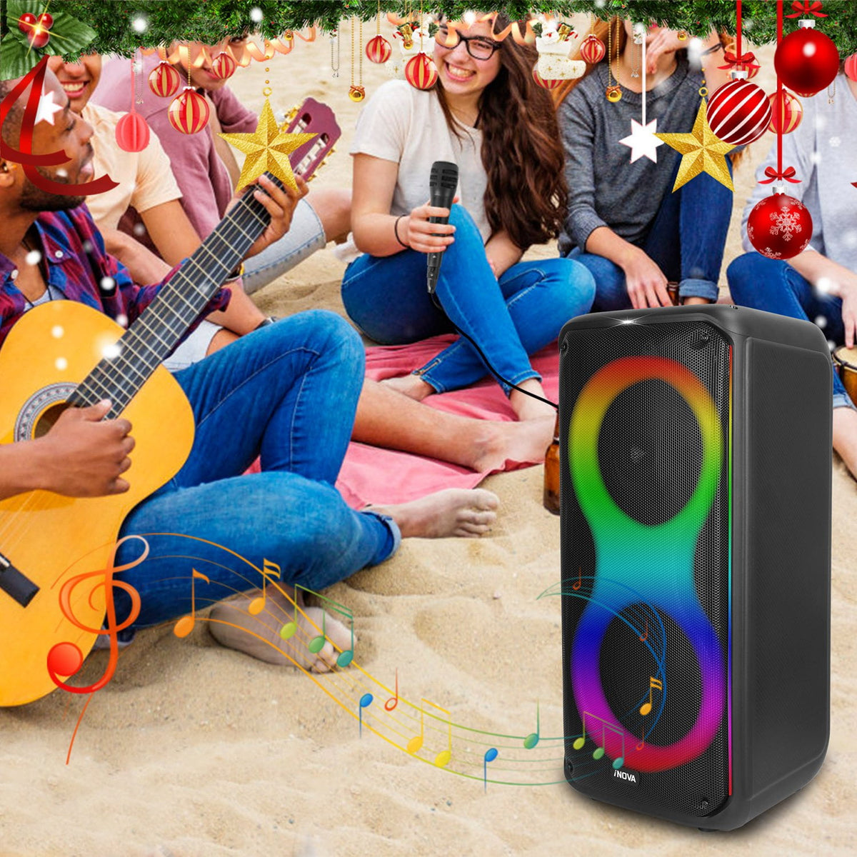 Moclever Portable Wireless Party Speaker with TWS Function FM Radio USB MMC Card Reading Aux In Recording Function Mic Priority, 7 Colorful Lights, Remote Control, Black