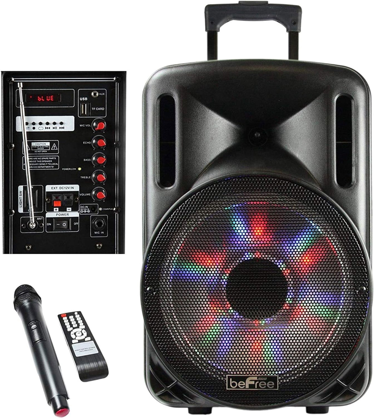 beFree Sound 12 Inch 2500 Watt Bluetooth Portable Party PA Speaker With Illuminating Lights and USB/MicroSD/AUX-in/FM Radio/DV12V Inputs