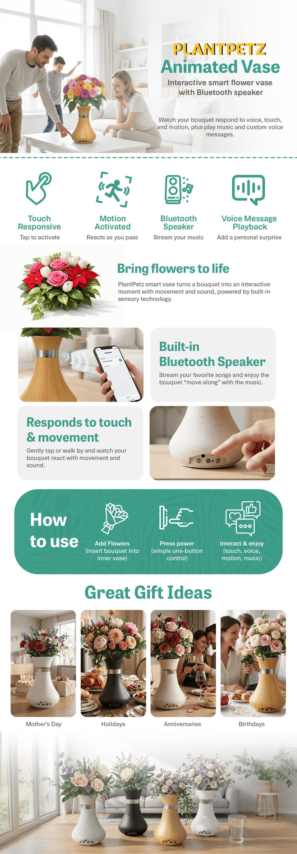 Interactive Flower Vase with Bluetooth Speaker, Voice & Touch Control