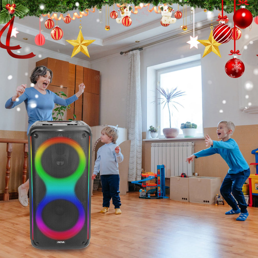 Moclever Portable Wireless Party Speaker with TWS Function FM Radio USB MMC Card Reading Aux In Recording Function Mic Priority, 7 Colorful Lights, Remote Control, Black
