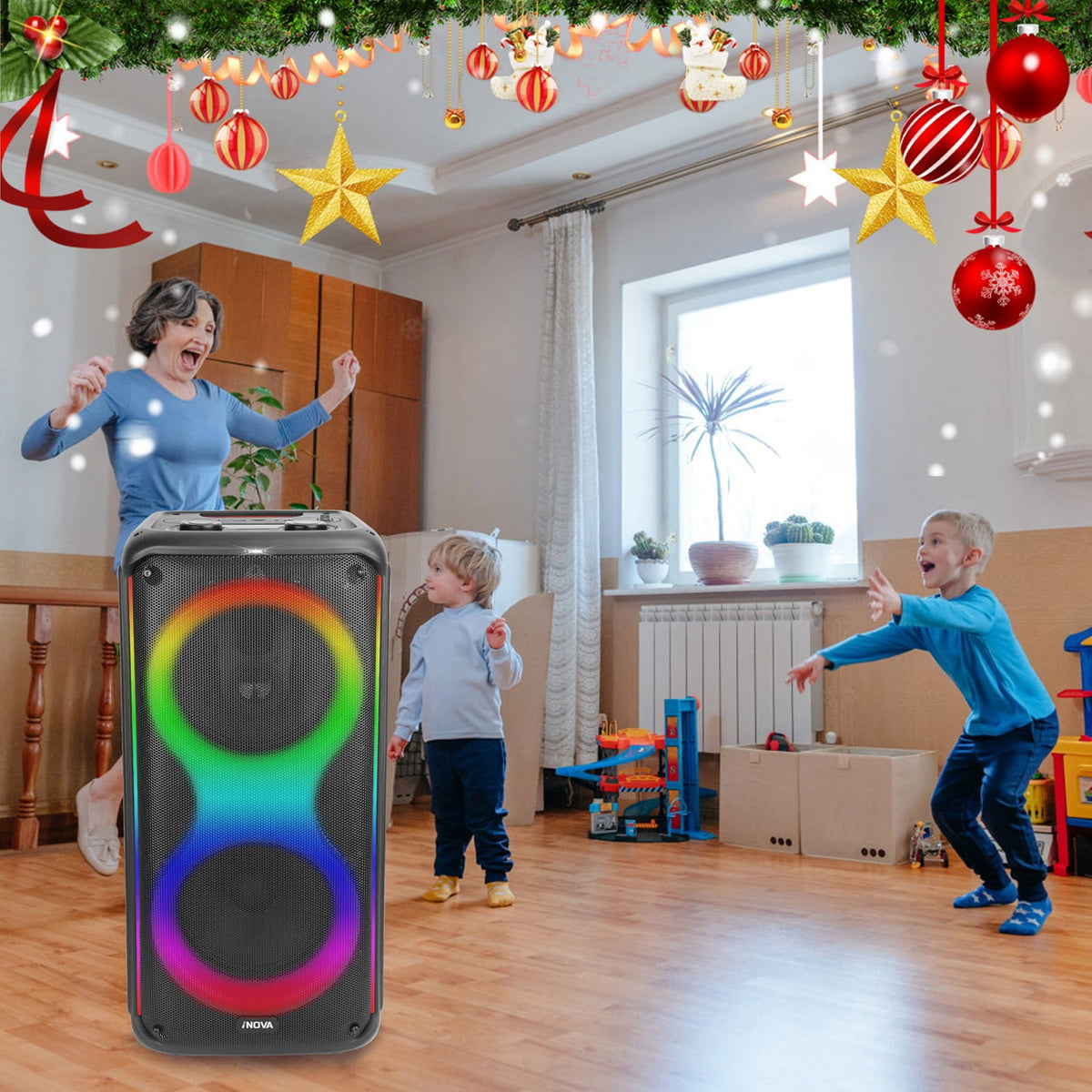 Moclever Portable Wireless Party Speaker with TWS Function FM Radio USB MMC Card Reading Aux In Recording Function Mic Priority, 7 Colorful Lights, Remote Control, Black