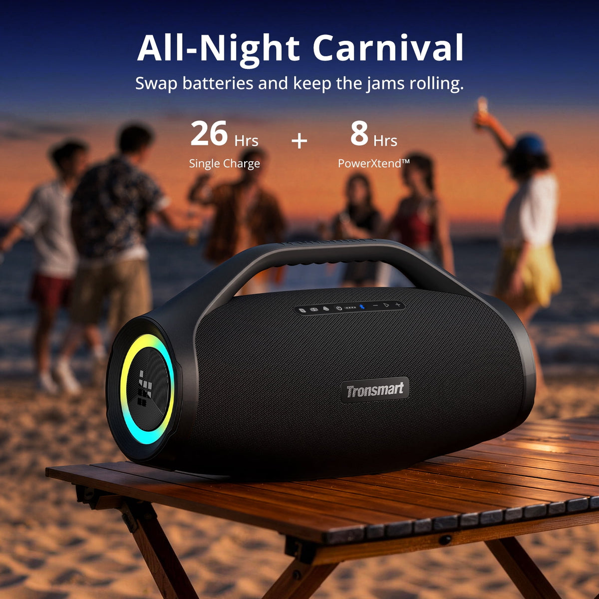 Tronsmart Bang 2 Max Portable Party Speaker, 200W Powerful Sound, Bluetooth 6.0, IPX7 Waterproof, 26H Playtime, LED Lights,Detachable Battery,Black,20.82x8.58x10.98inch