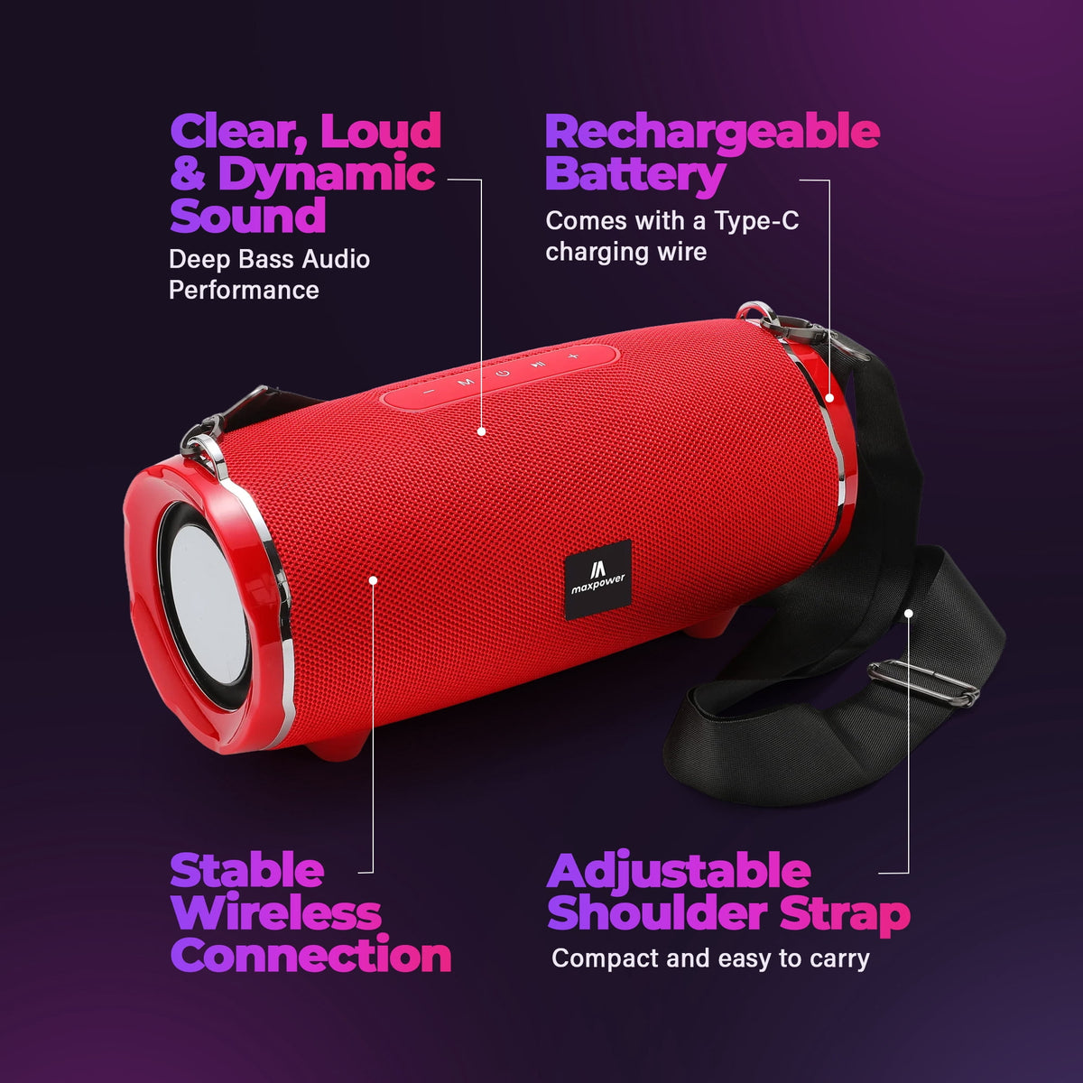 Max Power Encore Wireless Bluetooth 5.3 Speaker with Adjustable Shoulder Strap, Red