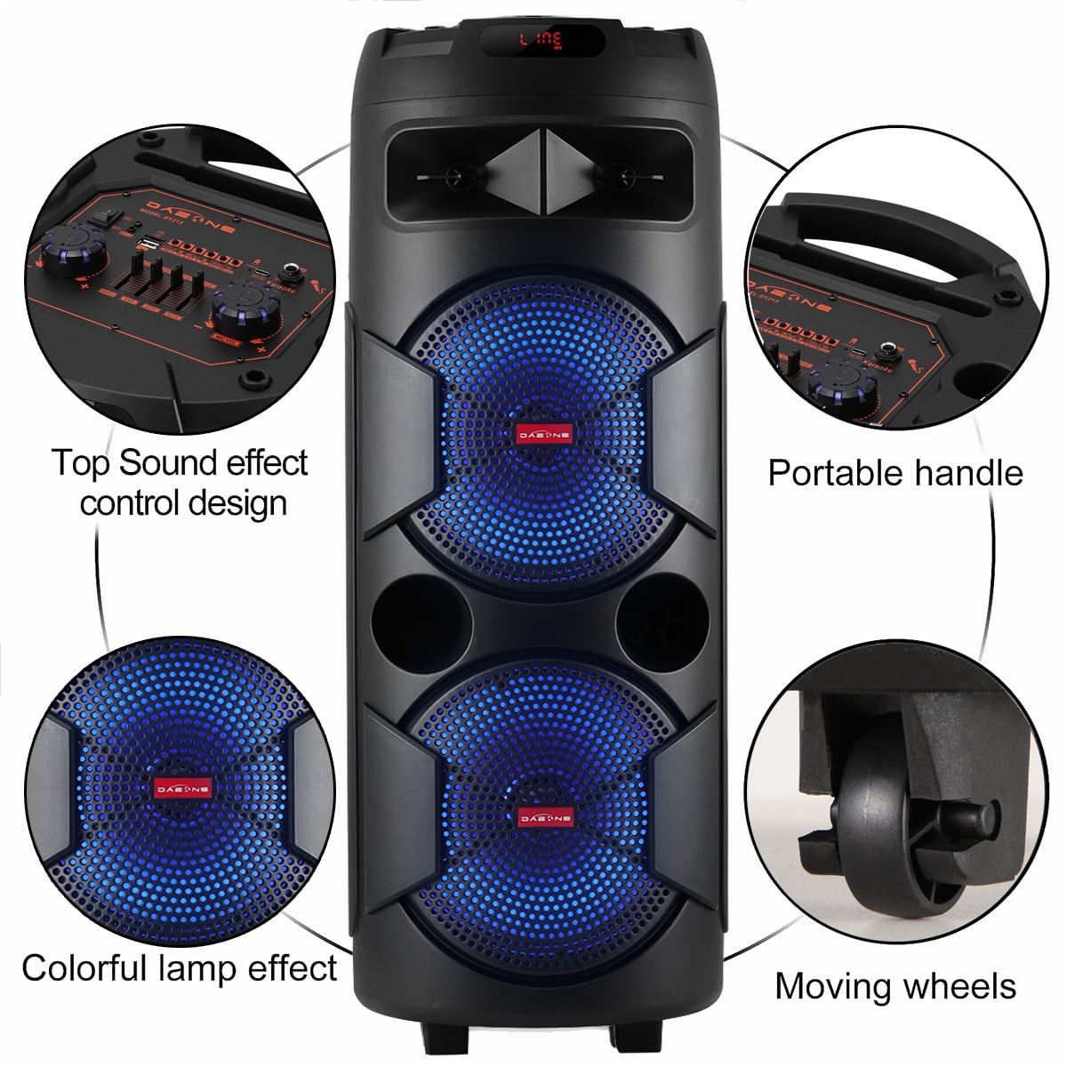 RIDWIND 4000W Peak Power Bluetooth Speakers Portable Wireless Speaker with Double 6.5 inch Subwoofer Heavy Bass,FM Radio, Microphone, Lights, Remote Control TWS Stereo Sound System Speaker