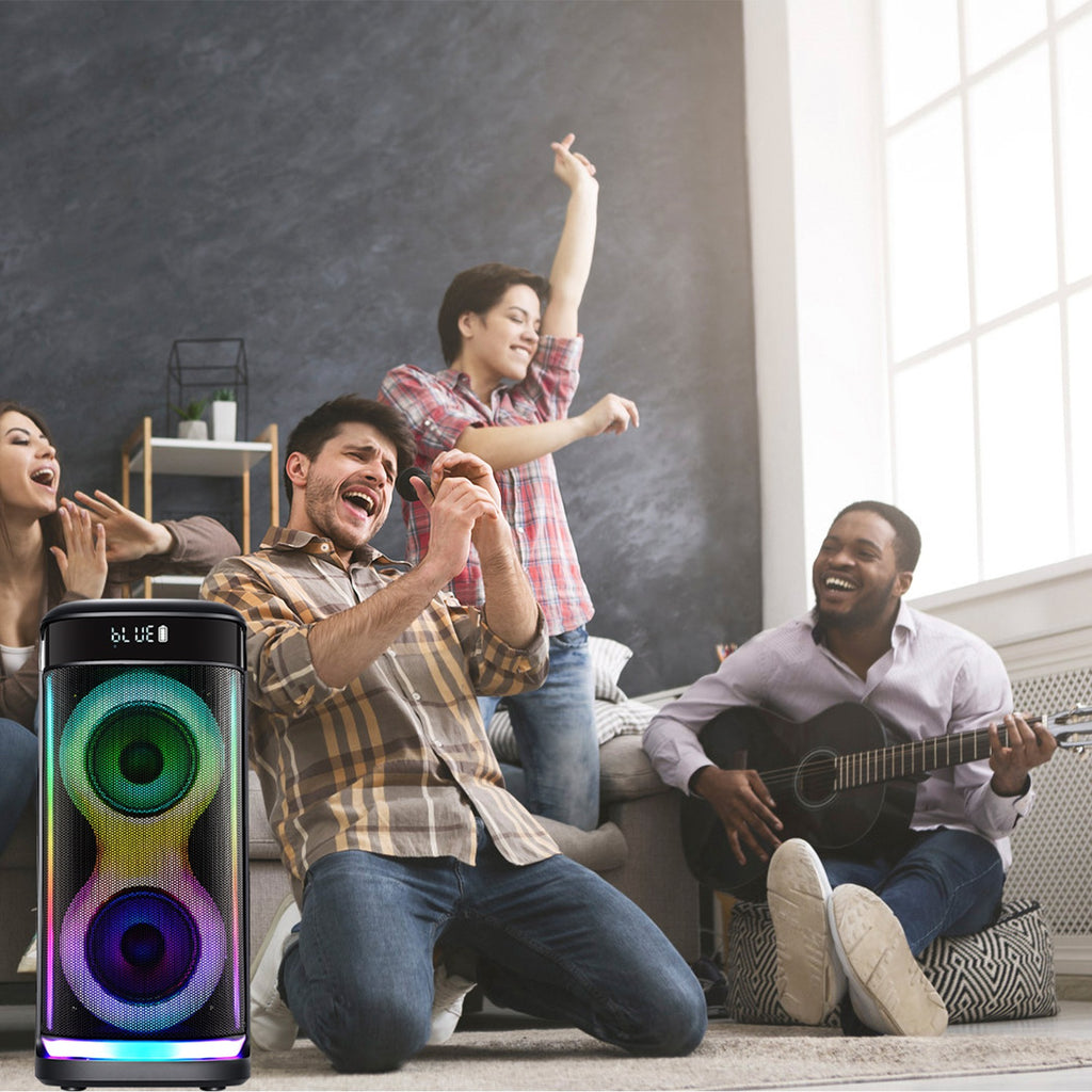 Imountek Portable Wireless Party Speaker with LED Lights, Wireless Mic, Remote, TWS, FM Radio, 10H Playtime, IPX6