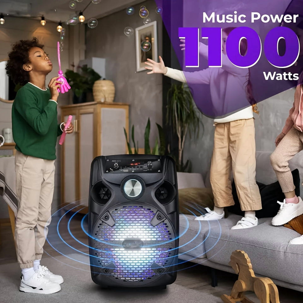 1100W Portable PA Speaker with 8" Subwoofer, Bluetooth, 7-Color LED, Rechargeable Battery, USB/SD/AUX, Includes Wired Mic & Stand for Outdoor Party