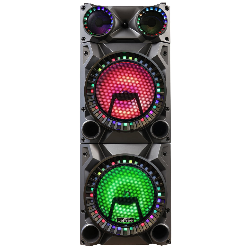 beFree Sound Rechargeable Bluetooth 12inch Double Subwoofer Portable Party Speaker with Dual Layer Reactive Party Lights, USB, SD and AUX Inputs with FM Radio