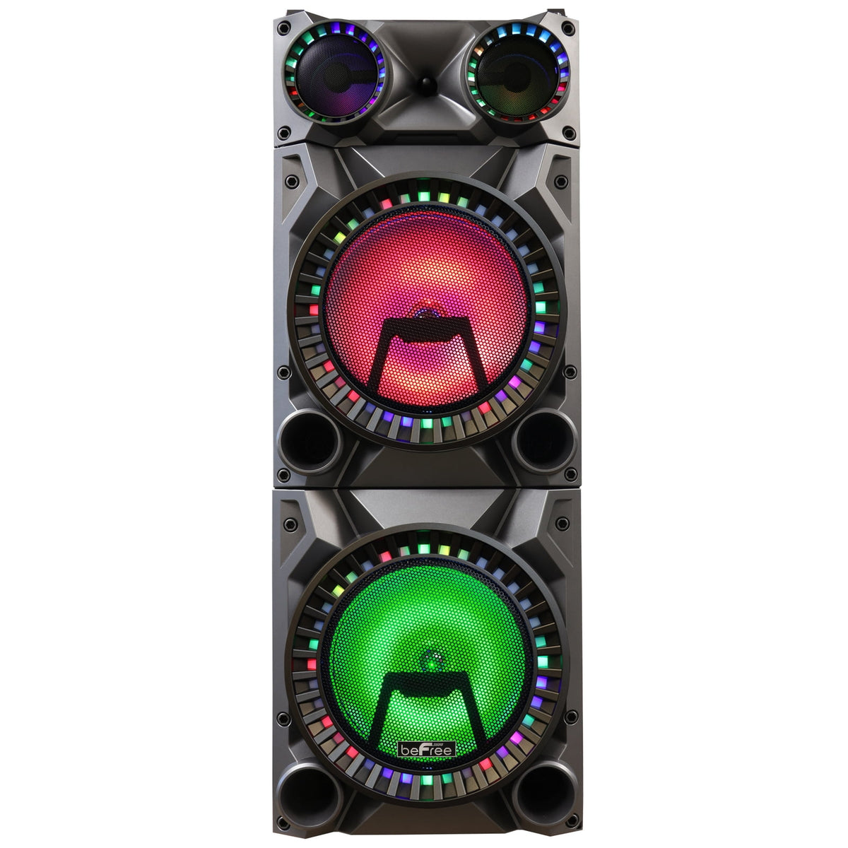 beFree Sound Rechargeable Bluetooth 12inch Double Subwoofer Portable Party Speaker with Dual Layer Reactive Party Lights, USB, SD and AUX Inputs with FM Radio