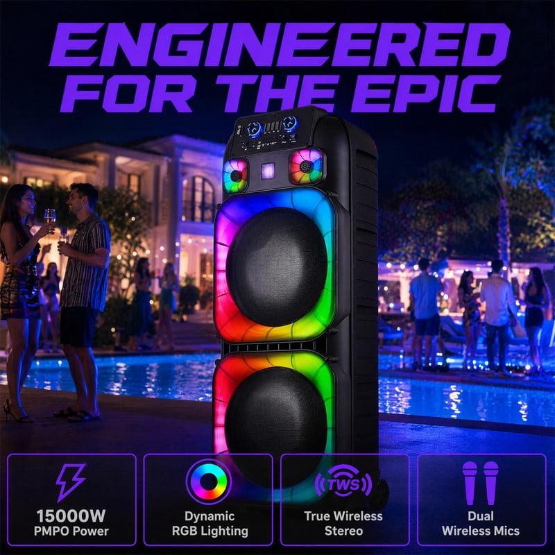 RIDWIND 4000W Peak Power Bluetooth Speakers Portable Wireless Speaker with Double 6.5 inch Subwoofer Heavy Bass,FM Radio, Microphone, Lights, Remote Control TWS Stereo Sound System Speaker
