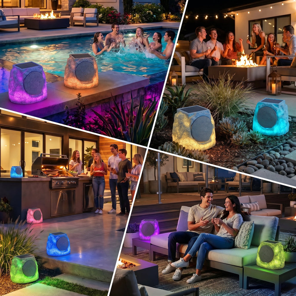 NiceBuy 2-Pack 8.1" Bluetooth Rock Speakers, Powerful Sound Solar Outdoor Wireless TWS Stereo Speaker with RGB Colorful LED Light for Indoor Outside Patio Garden
