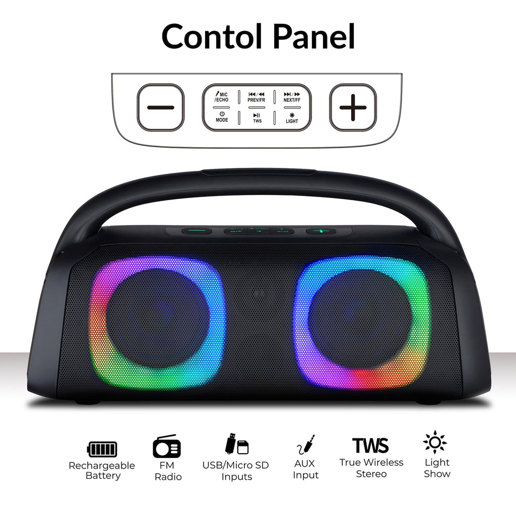 IQ Sound Bluetooth Boom Box Speaker with FM Radio, RGB Light Show, and Remote, True Wireless, Black, IQ-3540BT, IQ-3540BT