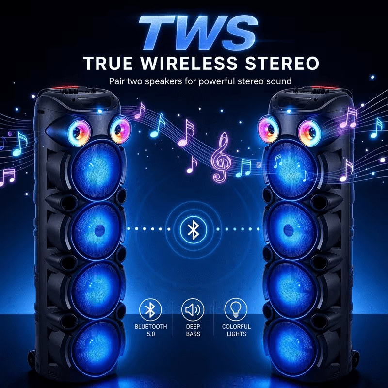 Lohoms Triple 8" Bluetooth Party Speaker, Portable Karaoke Machine & Outdoor PA Sound System with Powerful Stereo Sound, LED Lights, Wireless Mic, TWS Pairing, FM, USB, TF & AUX