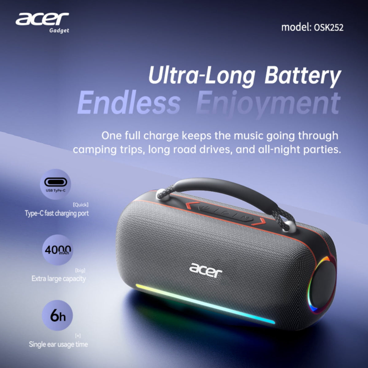 Acer Portable Bluetooth Speakers Waterproof with Stereo Sound Wireless Handheld, for Home Outdoors Travel