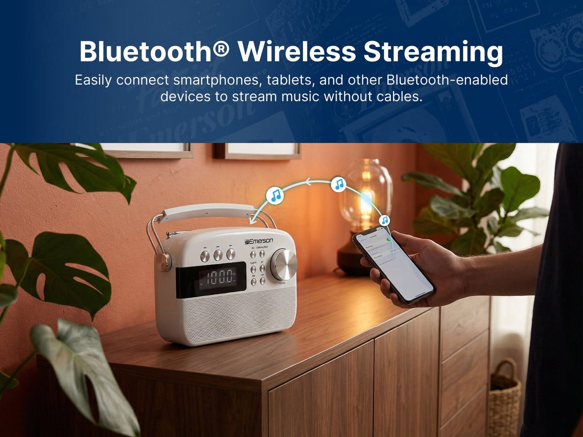 Emerson EAS-3010 Portable Bluetooth Radio with MP3 Player, Retro Style Wireless Speaker with AM/FM Tuner, Built-in 1200mAh Rechargeable Battery, 5W Stereo Sound, USB/TF/Aux-in, LCD Display
