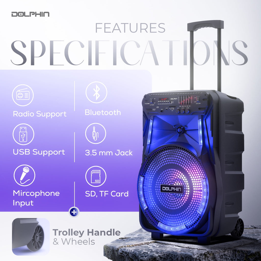 Dolphin SP-1217RBT 12-Inch Rechargeable Bluetooth Party Speaker – High Power Sound, TWS Compatibility, LED Lights, 5-Band Equalizer, Portable Design with Trolley and Wheels