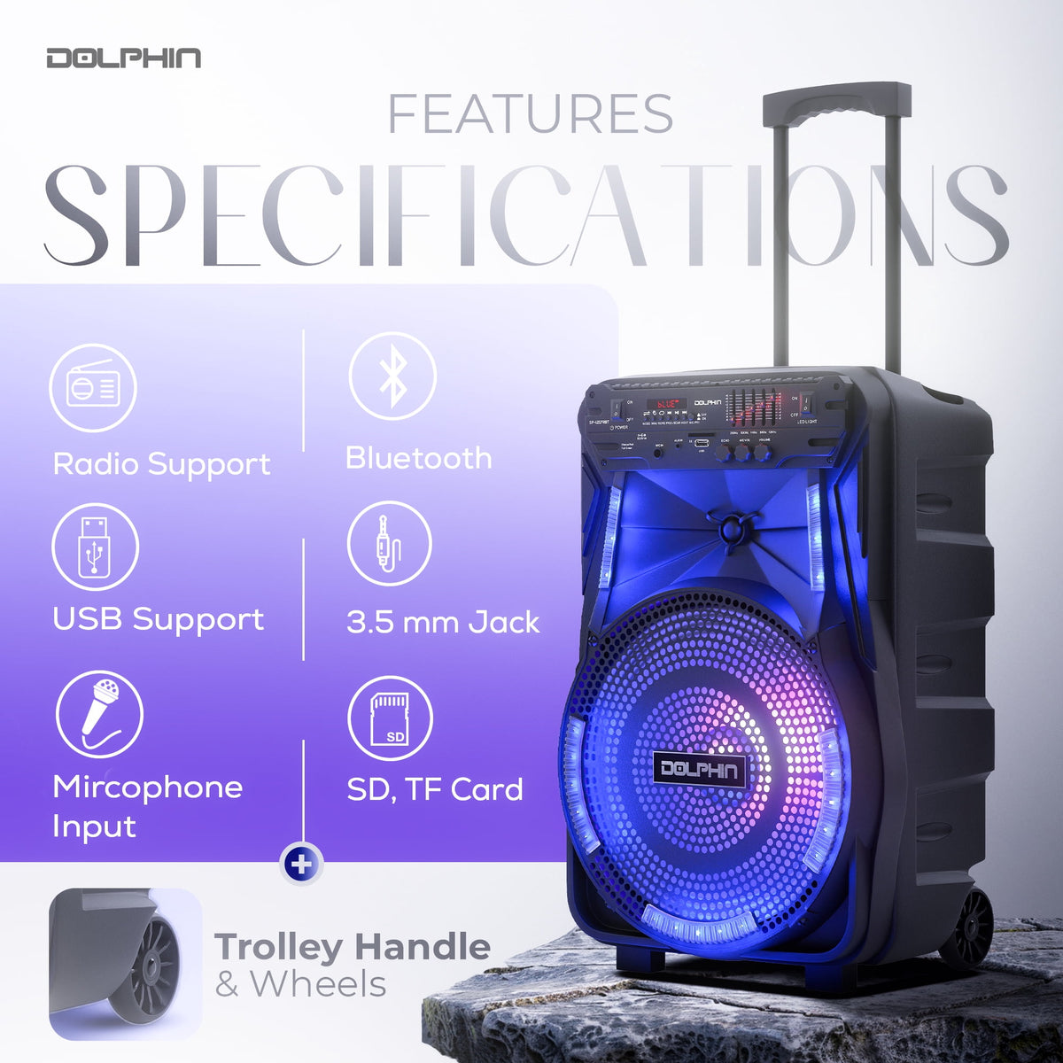Dolphin SP-1217RBT 12-Inch Rechargeable Bluetooth Party Speaker – High Power Sound, TWS Compatibility, LED Lights, 5-Band Equalizer, Portable Design with Trolley and Wheels