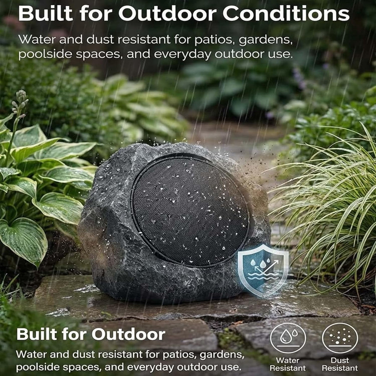 Solar Powered Rock Speakers, Outdoor Waterproof Bluetooth Stereo | High-Efficiency Solar & USB Charging, Realistic Resin Stone Design for Patio Garden Yard, 1 Piece, Dark Gray