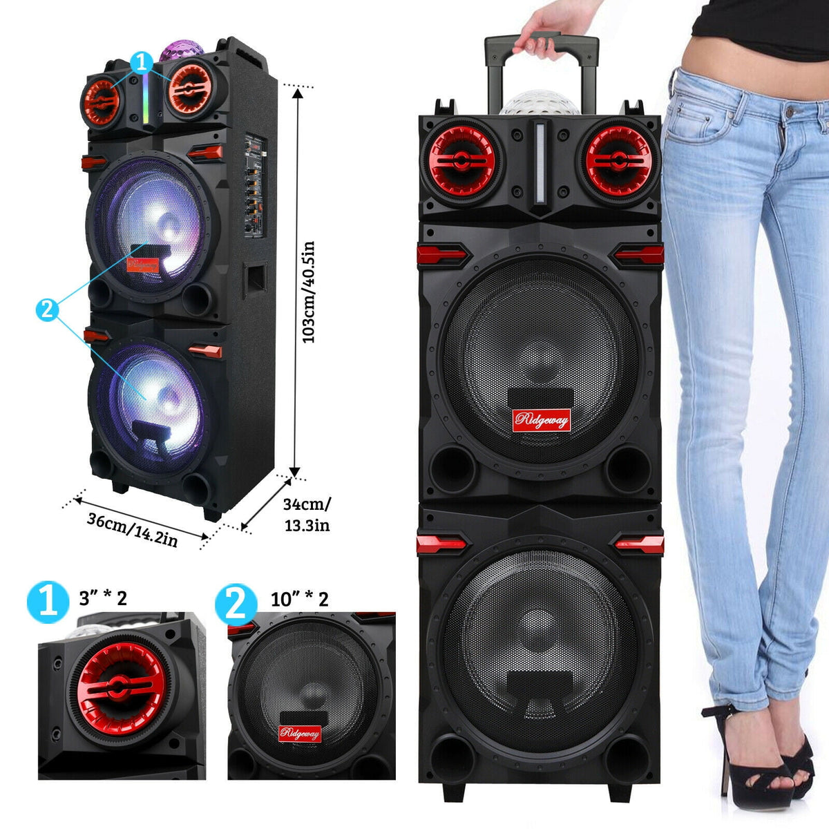 Dazone 4,500W Bluetooth Speaker Rechargable Dual 10" Woofer Party FM Karaok DJ LED AUX