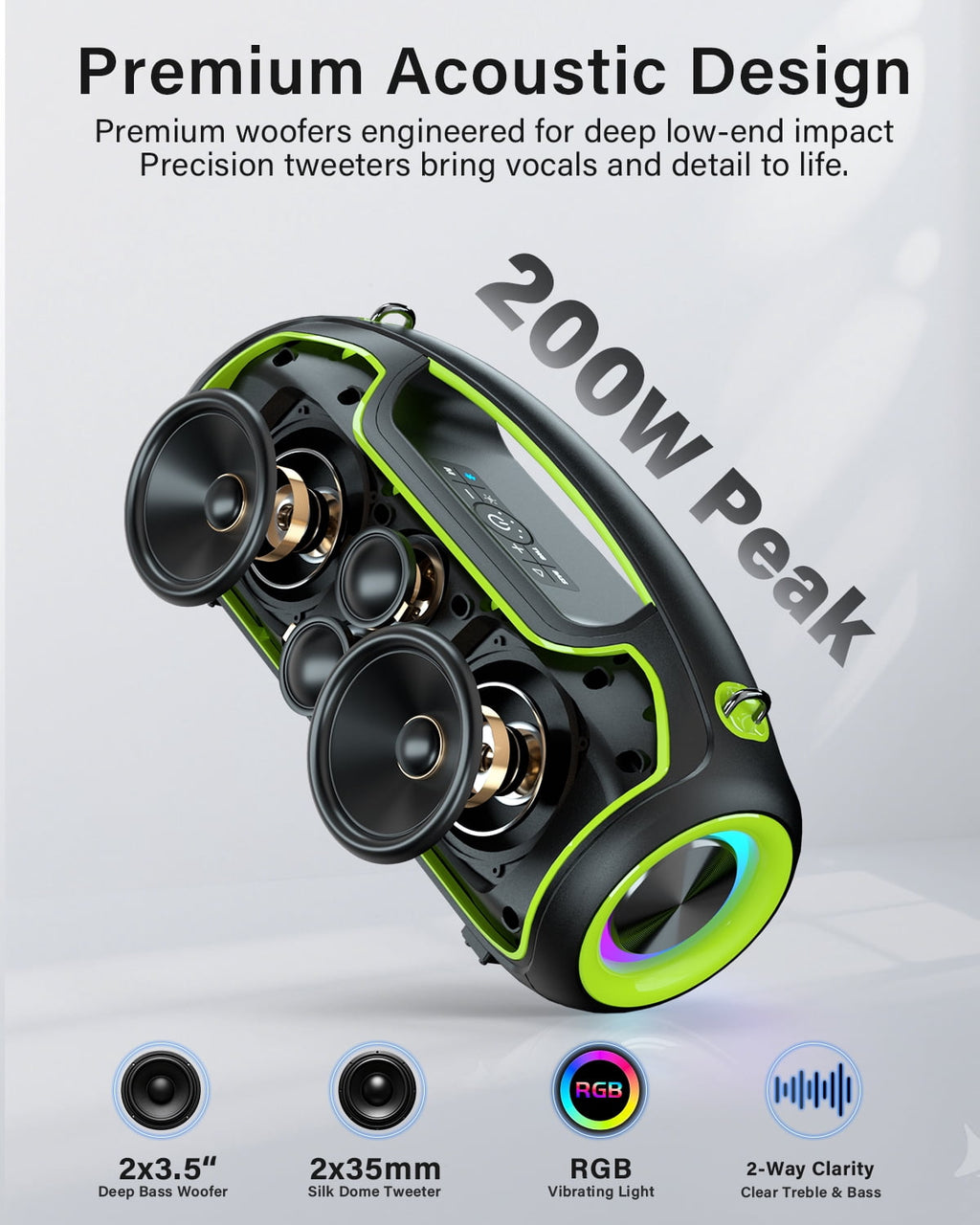 Upgrade Portable Bluetooth Speakers Wireless, 200W PEAK Loud Outdoor Speaker with Deep Bass, IP65 Waterproof, BT5.4, USB-C, RGB Lights, for Party, Camping, Beach, Large Workshop, Garage, 24H Playtime