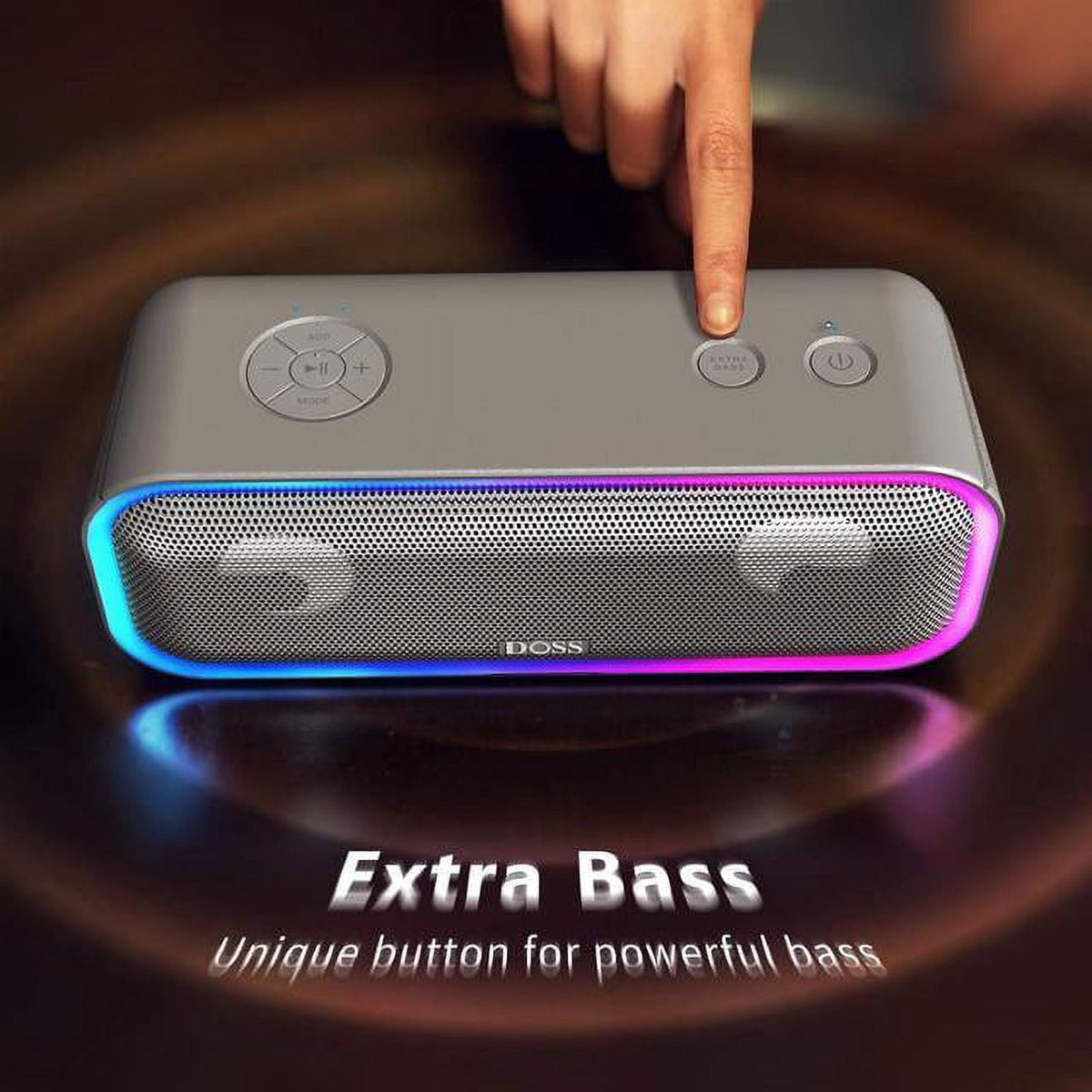 DOSS Grey Wireless Bluetooth Speaker, 15Hrs Long Playtime, 24W Impressive Sound with Booming Bass, IPX6 Waterproof, Wireless Stereo Pairing, Mixed Colors Lights, 66 FT Connectivity