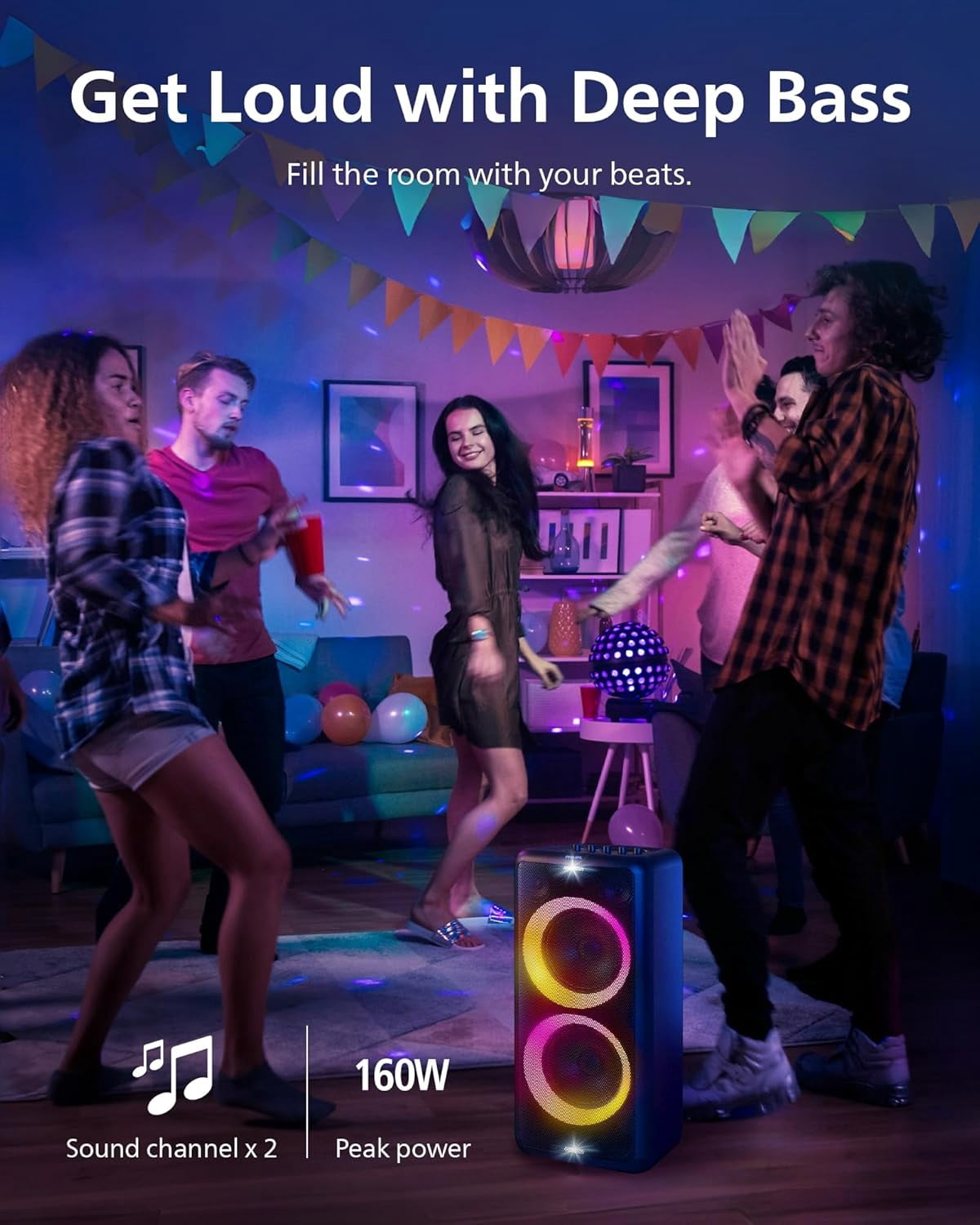 Restored Philips X5206 Portable Bluetooth Speaker with LED Lightning, Large Size, Black, TAX5206