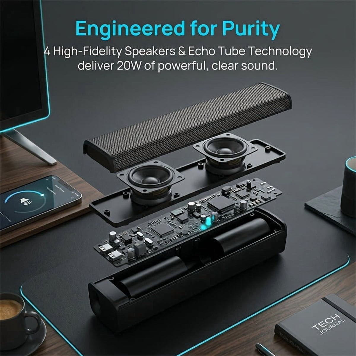 Stereo Bar Speaker for Smart TVs, 2-in-1 Wireless Subwoofer, Home Theater System, Bass Enhancement, Supports TF/AUX/FM/RCA/TWS, 2000mAh Battery, for DVD/TV/PC/Phone/Games