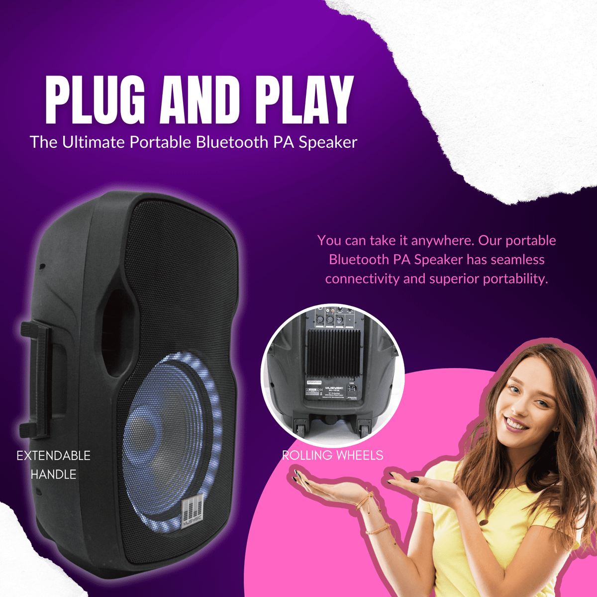 MUSYSIC MU‑15P3K Professional 15" Powered Speaker – 3000W Peak, Bluetooth, USB, SD Card, FM Radio, Dual Mic Inputs, LED Light, Remote Control