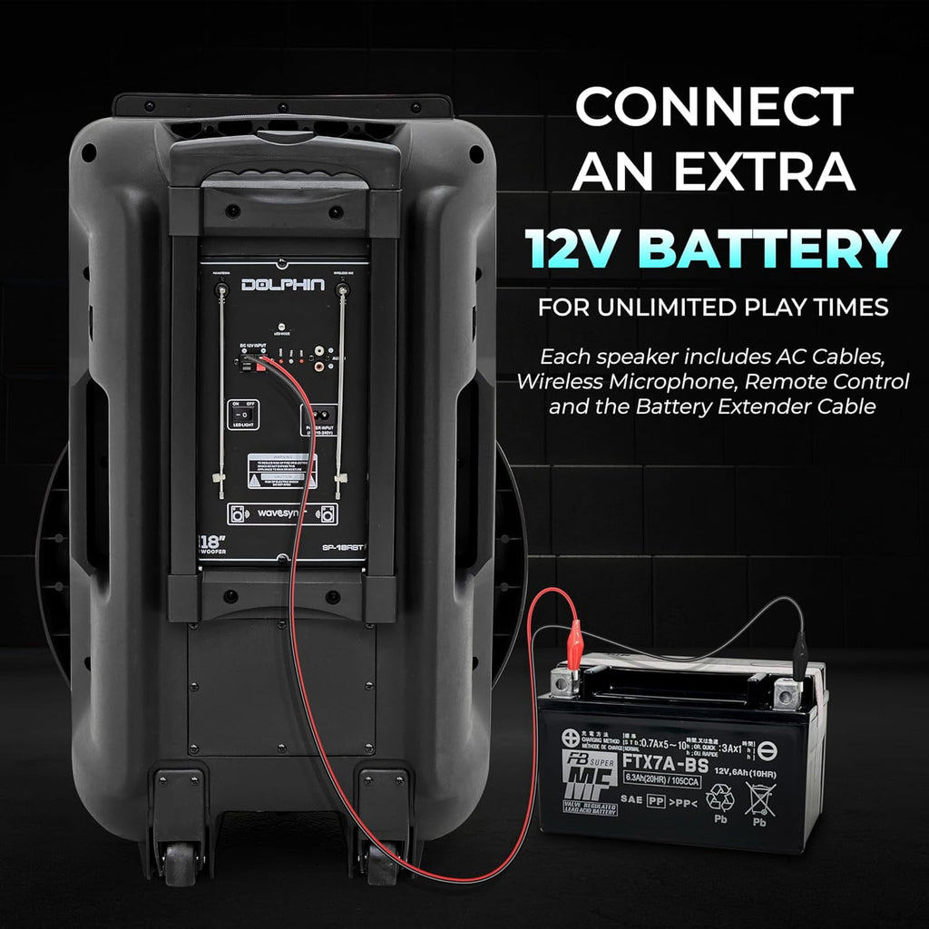 Dolphin SP-18RBT 18” Rechargeable Bluetooth Party Speaker – Deep Bass, High Power Sound, Wireless Microphones, USB/SD, AUX & Guitar Inputs, Extended Battery Life, 12V Input
