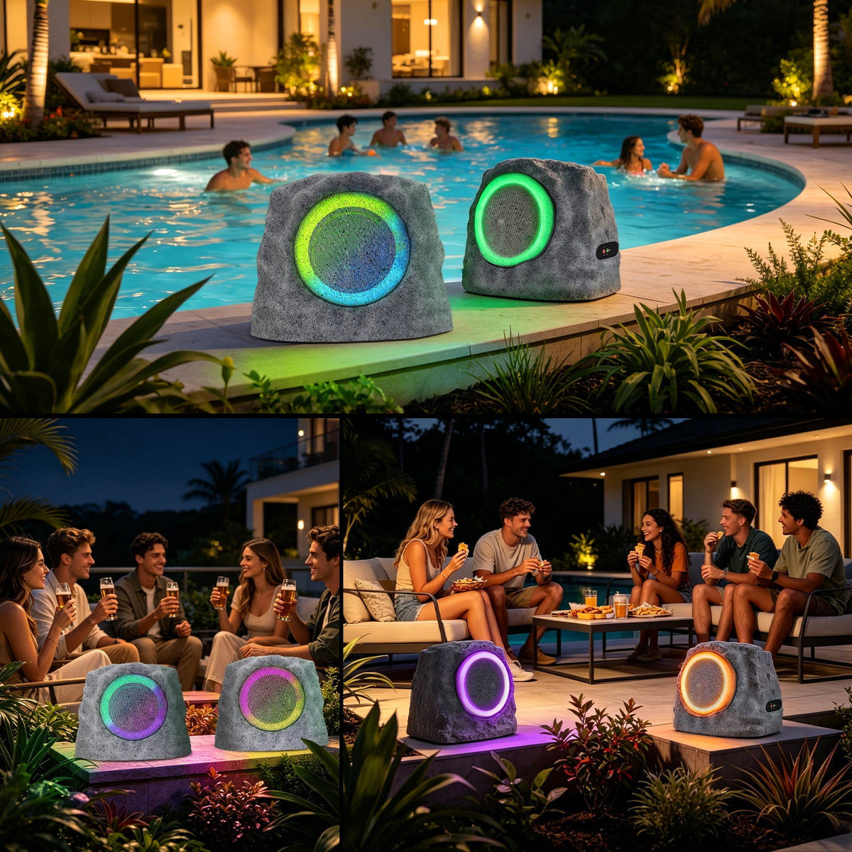 NiceBuy 2-Pack 8.1" Bluetooth Rock Speakers, Powerful Sound Solar Outdoor Wireless TWS Stereo Speaker with RGB Colorful LED Light for Indoor Outside Patio Garden