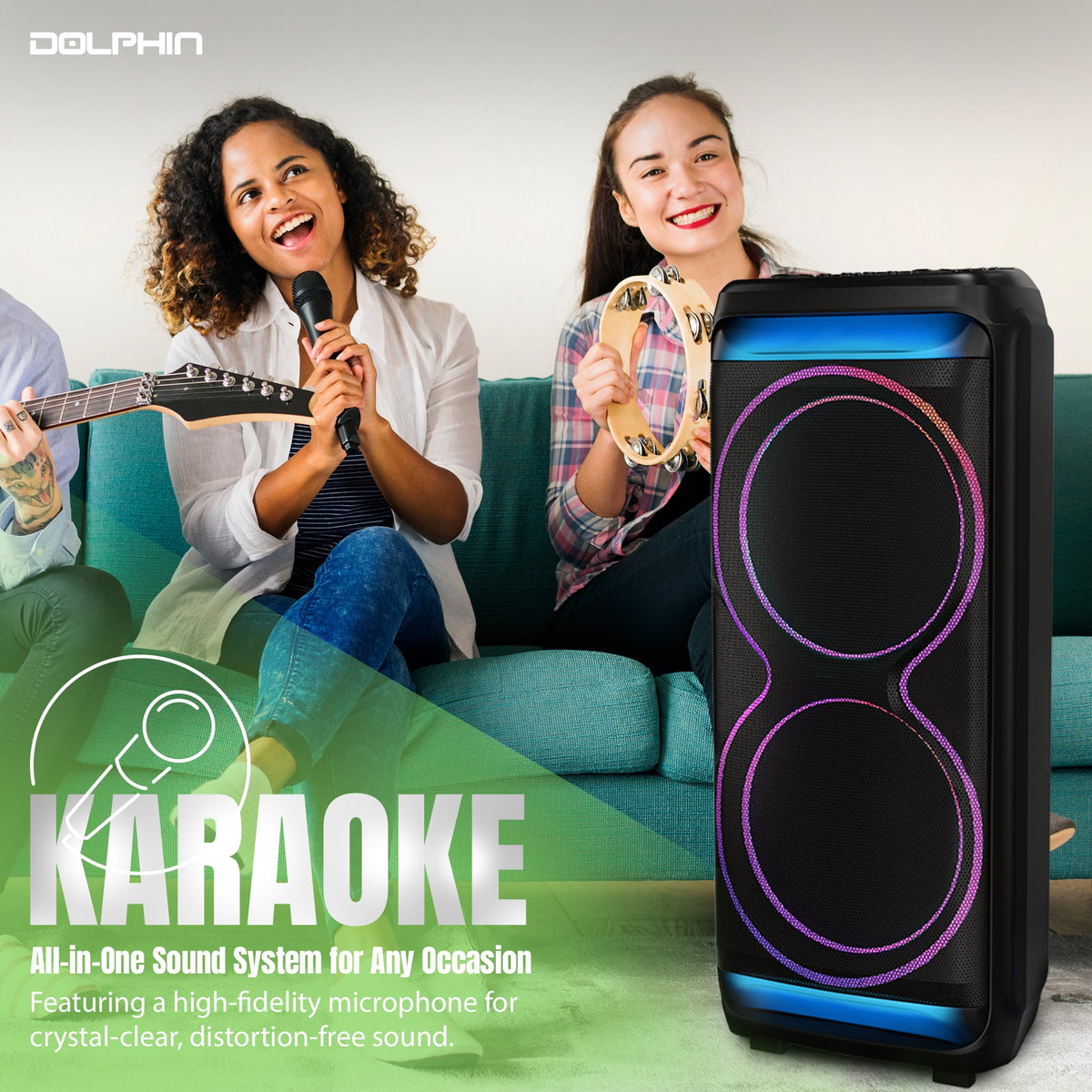 Dolphin SP-5500RBT High-Powered Bluetooth Speaker with X-BASS, Dual 15" Woofers, 100W RMS, TWS, LED Lights, Rechargeable Battery, Karaoke Mic, Ultra-Loud Party Speaker