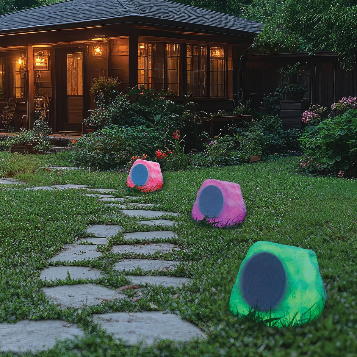 ION Glow Stone Link Solar Bluetooth Multi-Sync 10-Watt-Peak Outdoor Rock Speaker with LED Lights