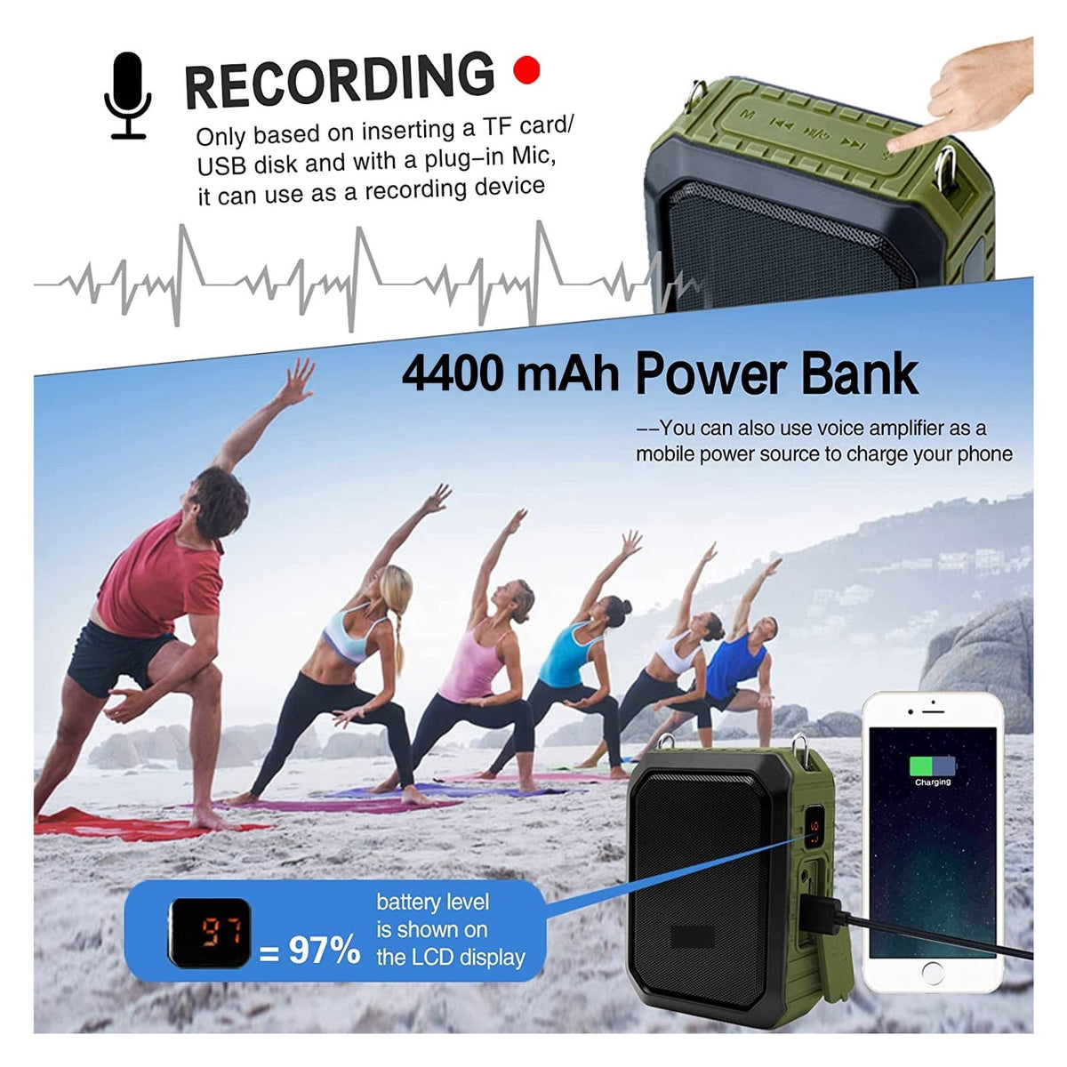 18W Portable Wireless Voice Amplifier For Teachers UHF Microphone Waterproof Speaker As 4400mAh Power Bank ,High Sound