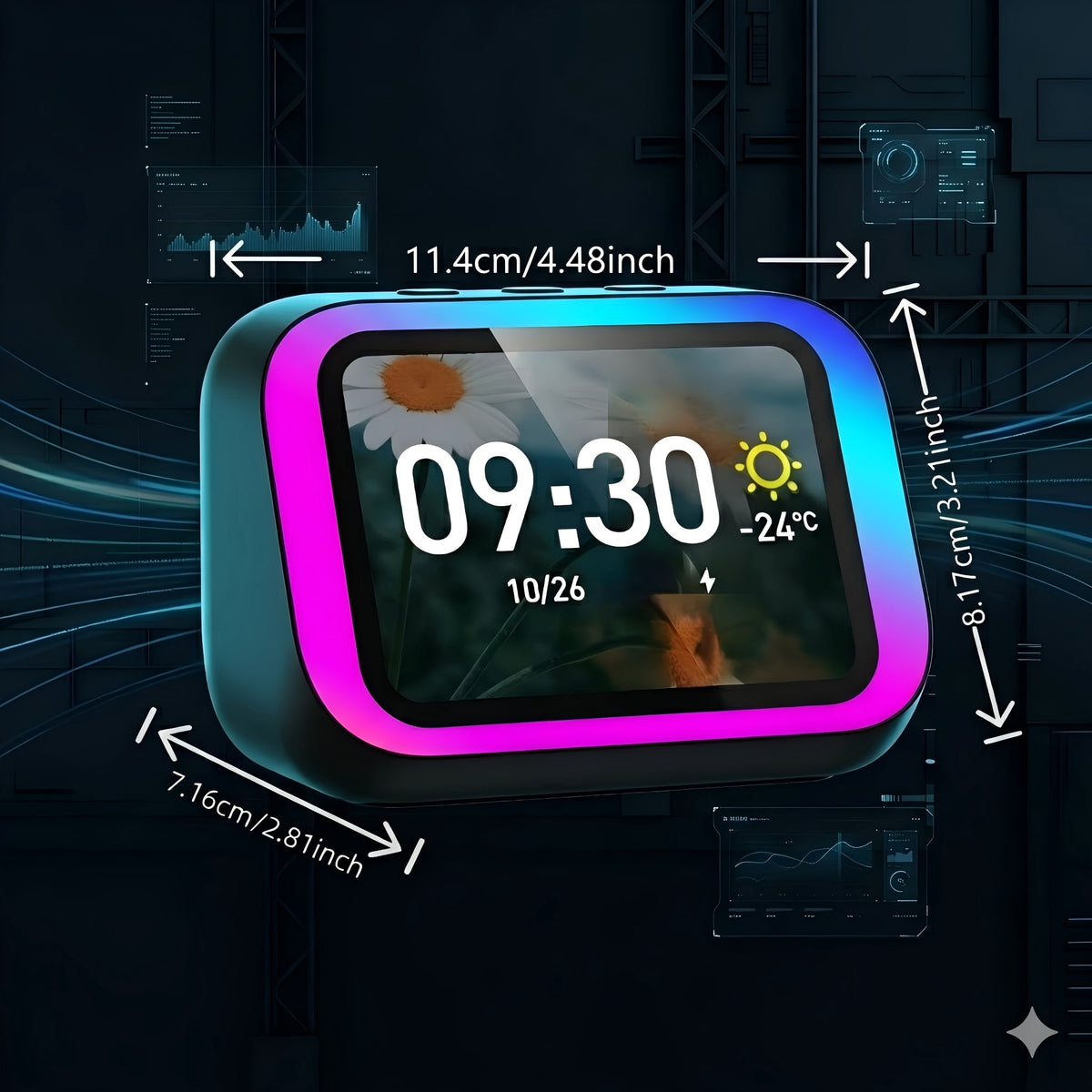Smart Alarm Clock Speaker, Dynamic RGB Light, Hi-Fi Stereo, HD Display, Calls & Voice Assistant, Period Tracker, Portable Bedside Digital Clock