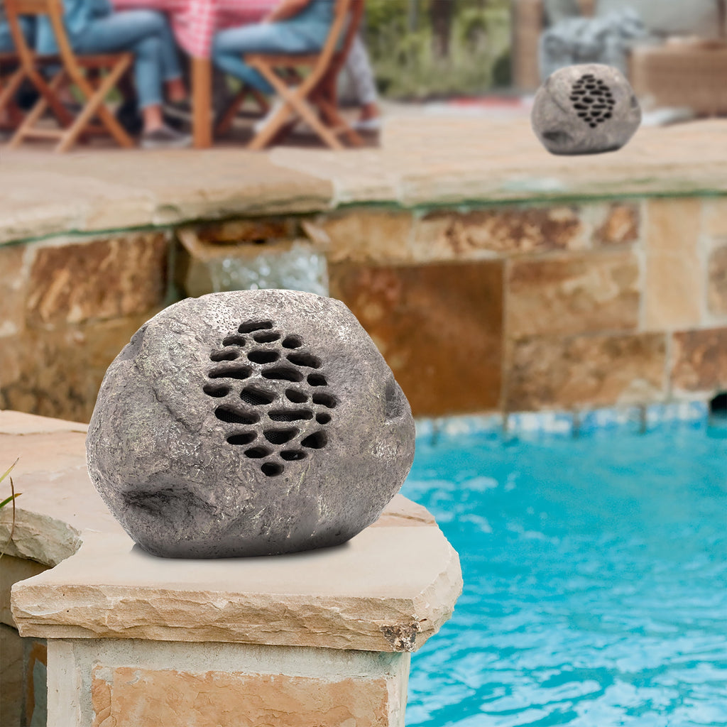 Alpine Corporation Waterproof Bluetooth Solar-Powered Outdoor Wireless Rock Speakers, Set of 2