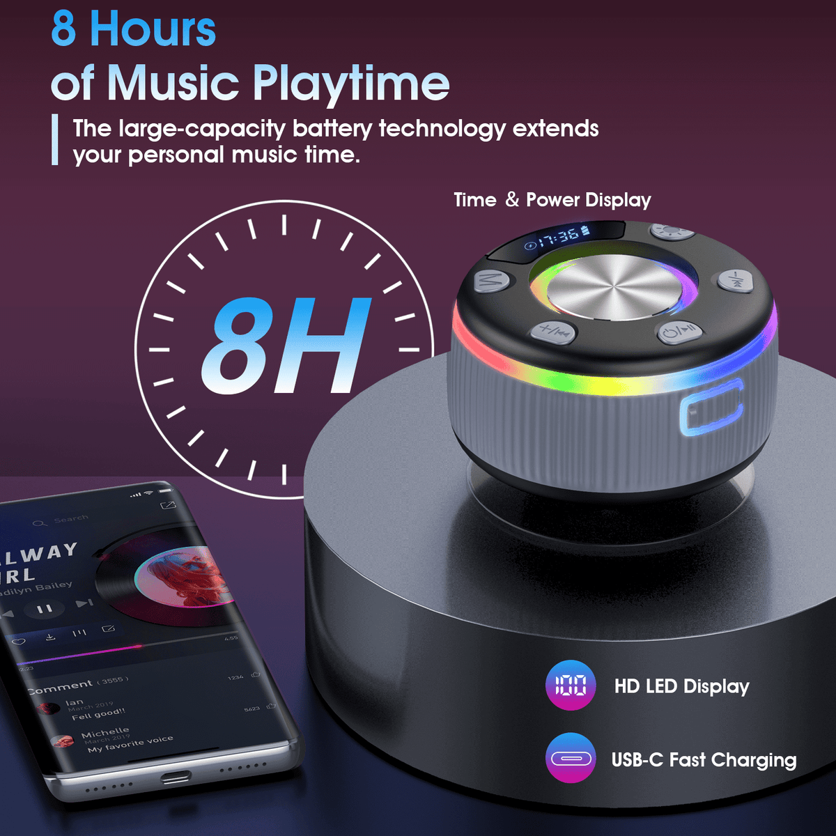 Bluetooth Shower Speaker, IPX7 Waterproof Wireless Speaker with Suction Cup, Time & Battery Display, Hands-Free Calls, 8–15H Playtime, 360° Sound Portable Mini Speaker for Bathroom and Travel