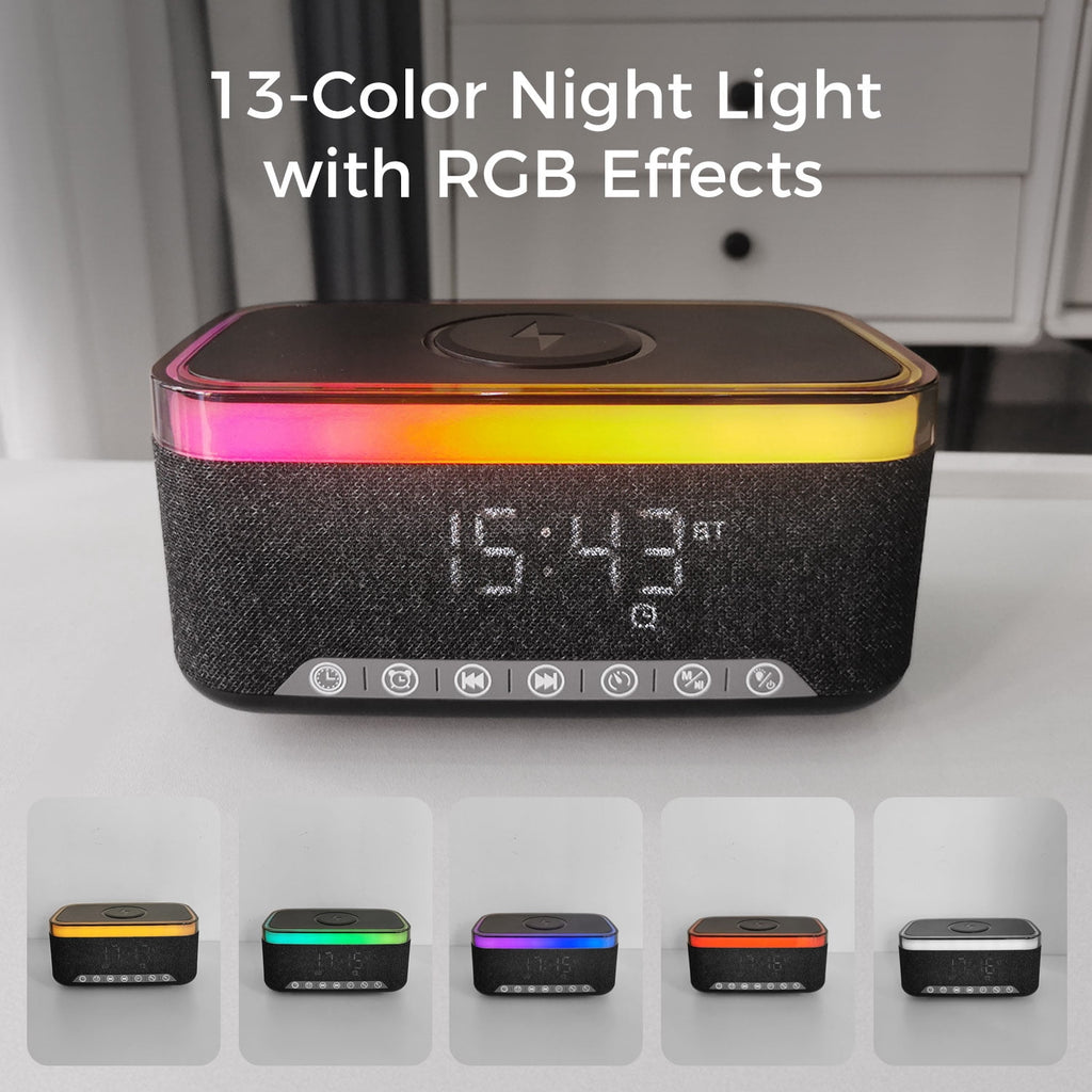10W Bluetooth Stereo Speaker-Alarm Clock, Wireless Charging, RGB light