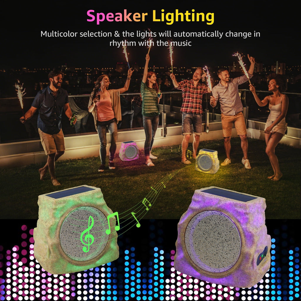 NiceBuy 2-Pack 8.1" Bluetooth Rock Speakers, Powerful Sound Solar Outdoor Wireless TWS Stereo Speaker with RGB Colorful LED Light for Indoor Outside Patio Garden