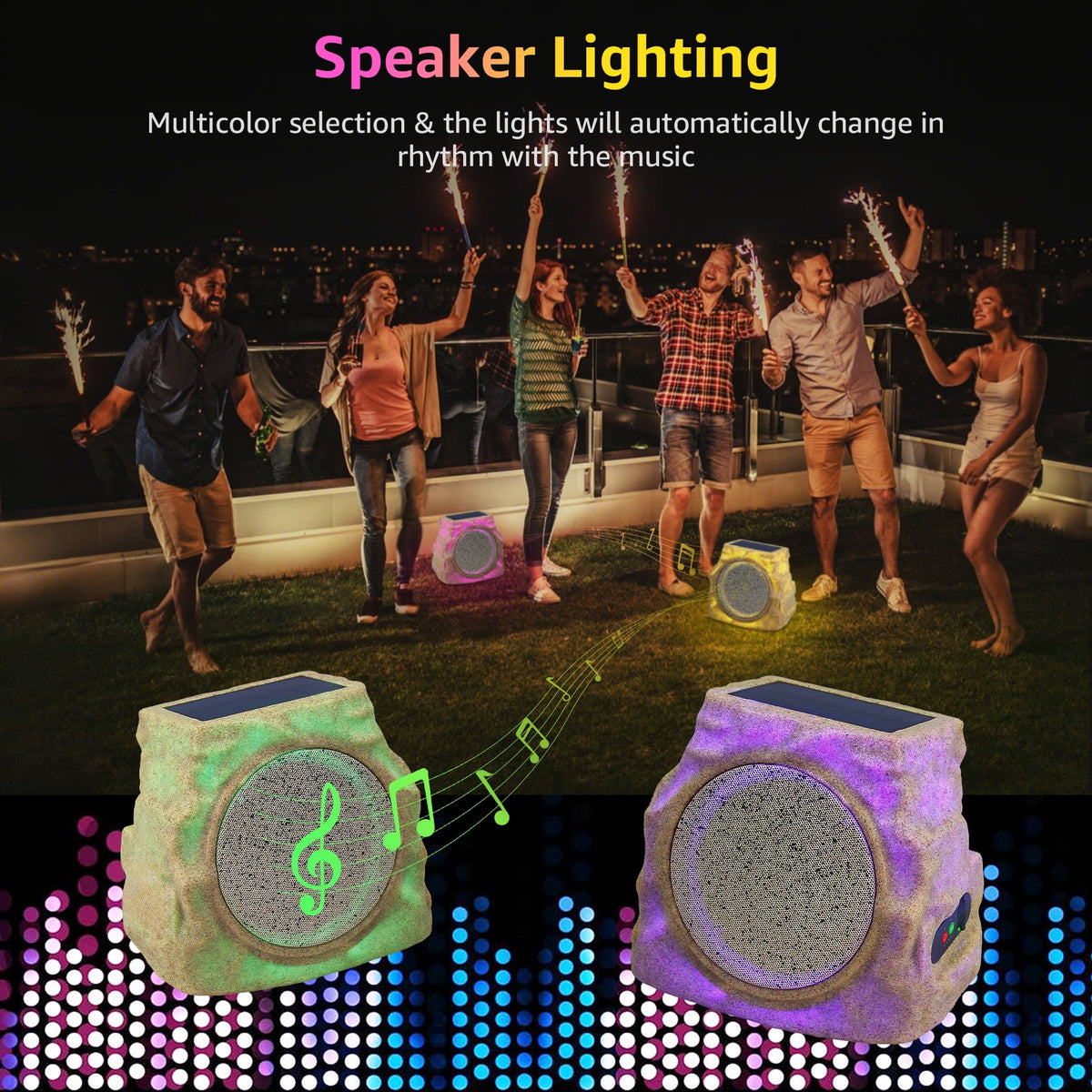 NiceBuy Outdoor Waterproof Solar Powered Bluetooth Rock Speakers with TWS Pairing and RGB Lights, 2 Pack