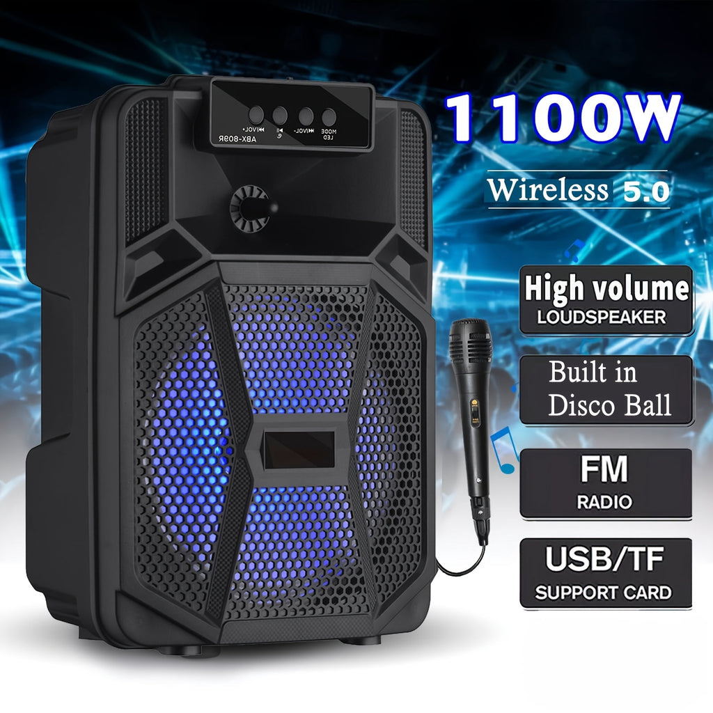 1100W Portable Bluetooth Speaker with LED Lights, Wired Microphone, 1200mAh Battery, Black - Ideal for Parties, Holidays & Gifts