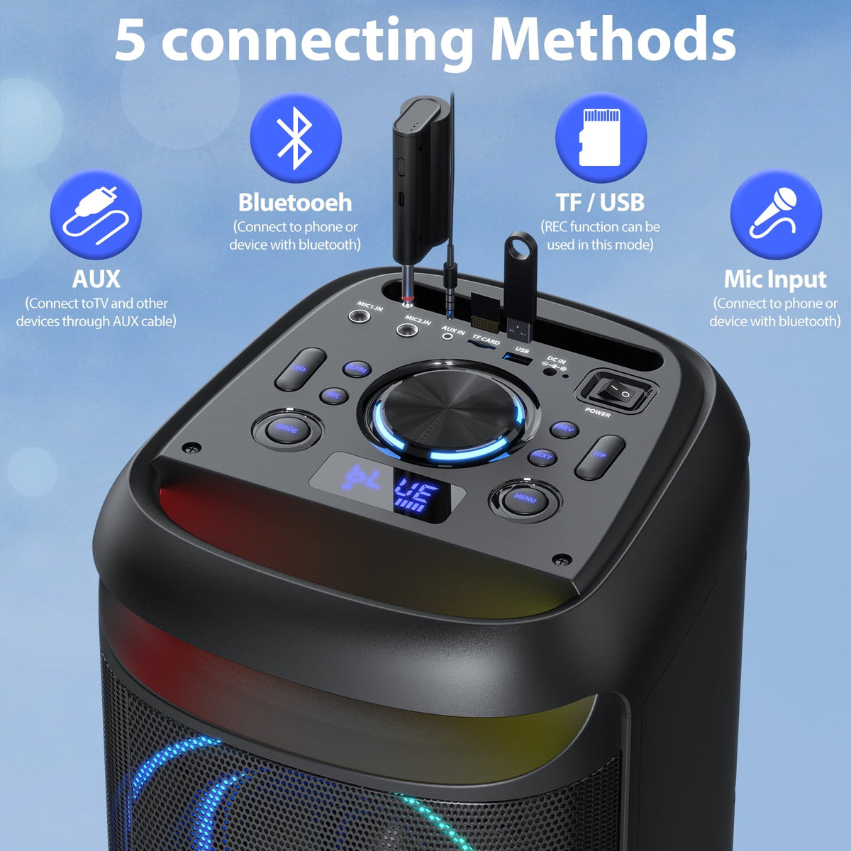 JYX Large Party Speaker, Bluetooth Speaker With Dazzling Rgb Light for Outdoor, Two 6.5'' Subwoofer